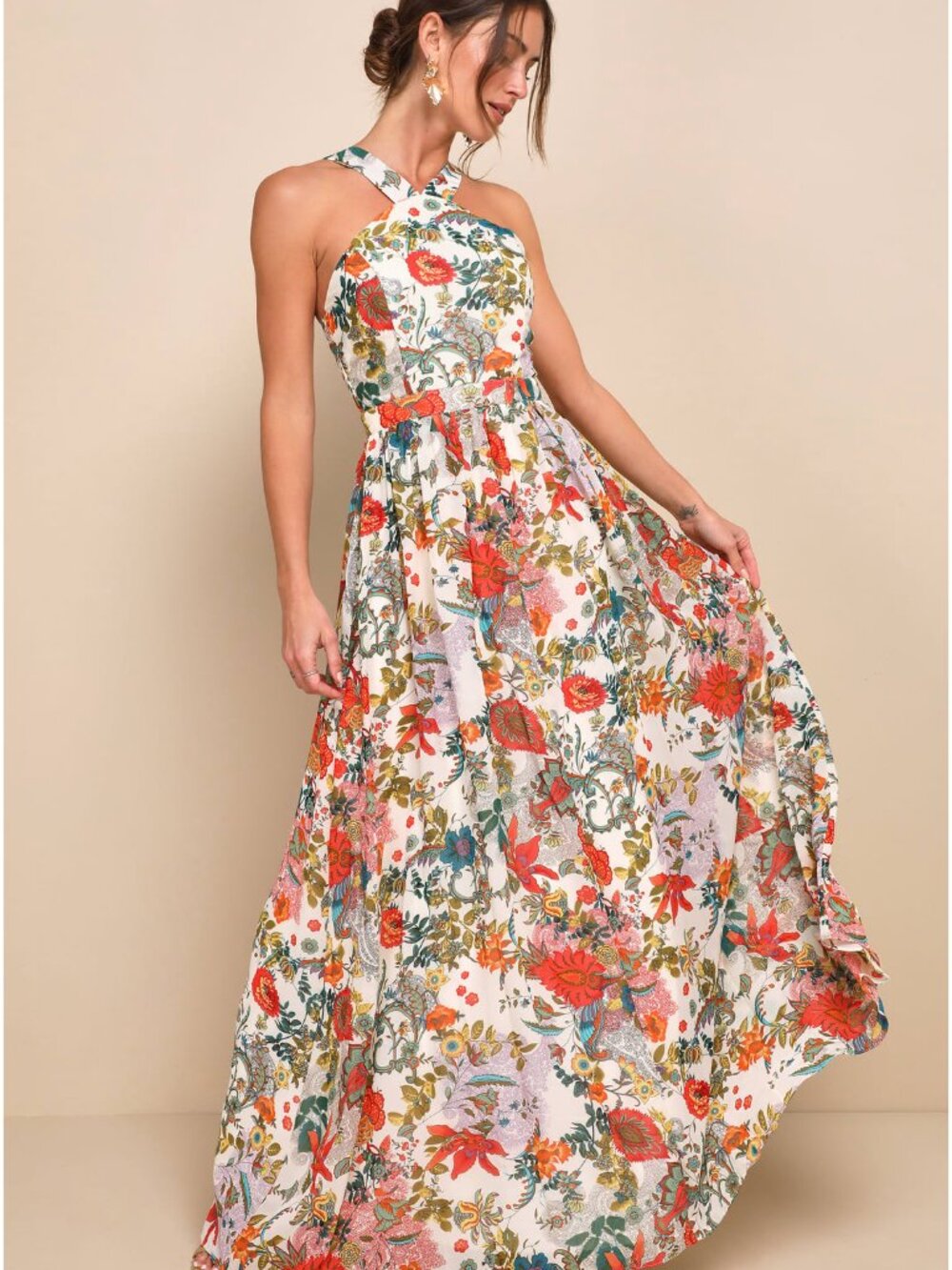 Lulus Lilja Cream Floral Print Maxi Dress Size S Spring Summer Wedding Botanical